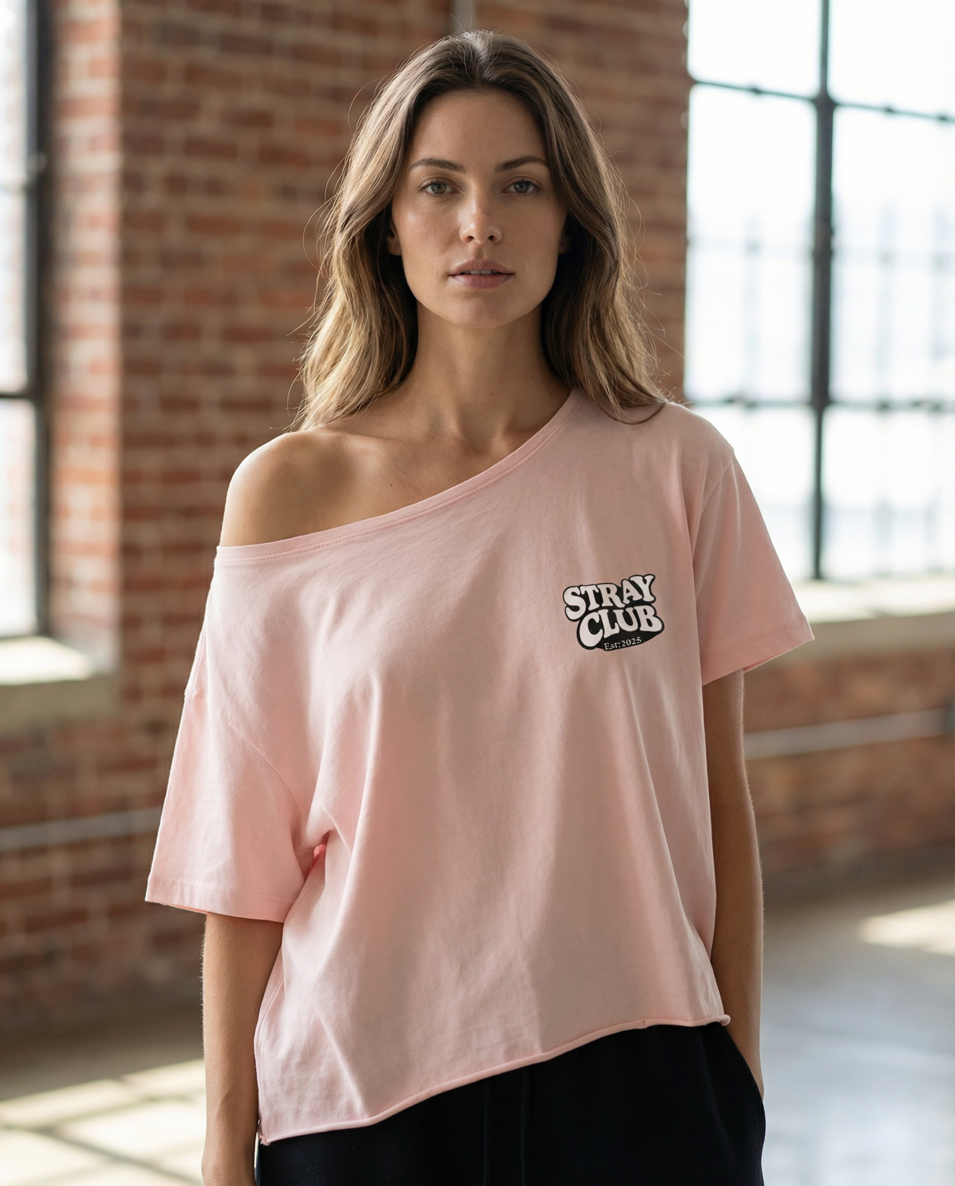 Off-Shoulder Rolled Hem Street T-Shirt