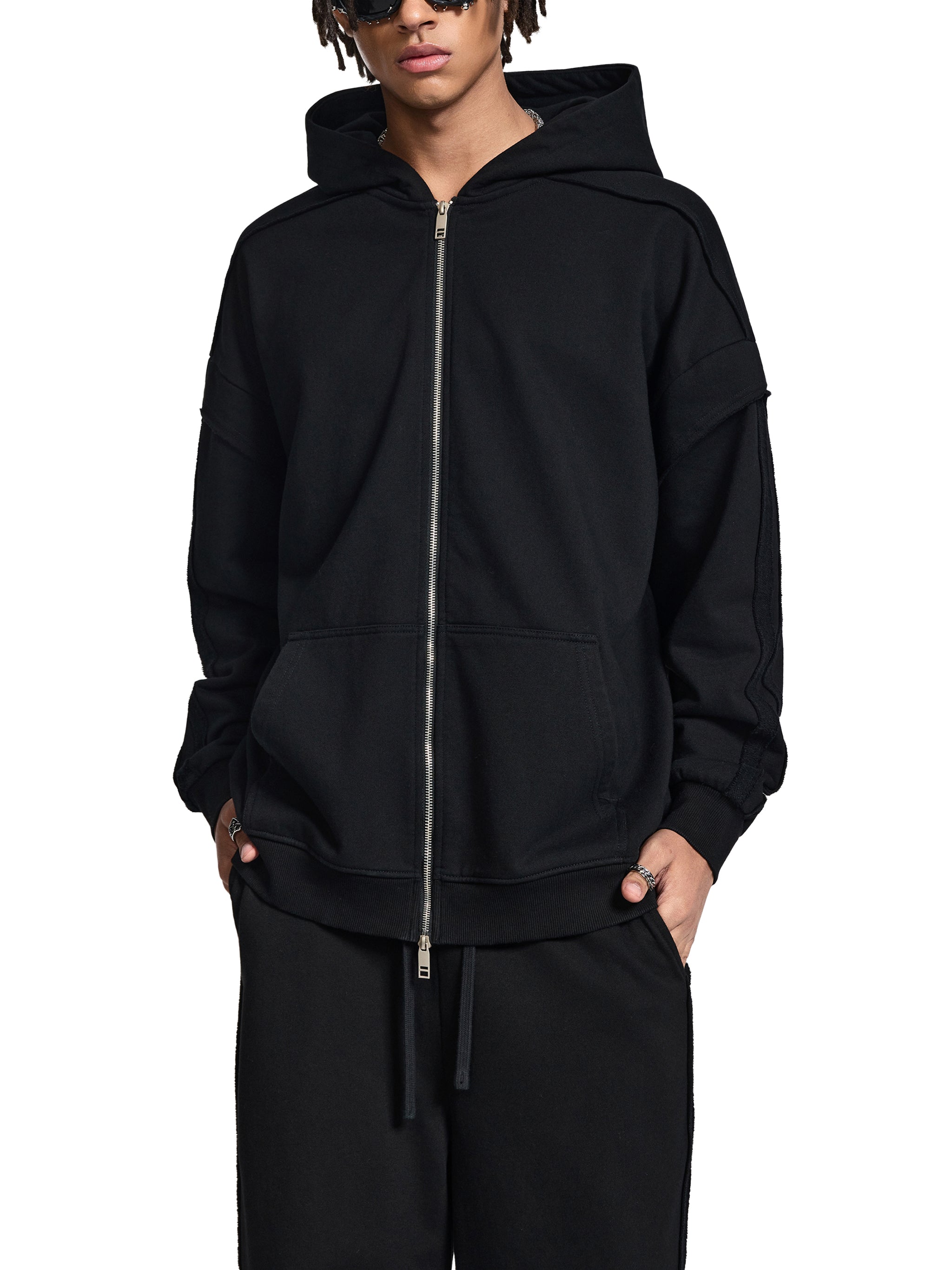Contrast Tape Raw Edge Double Layered Zip Hoodie